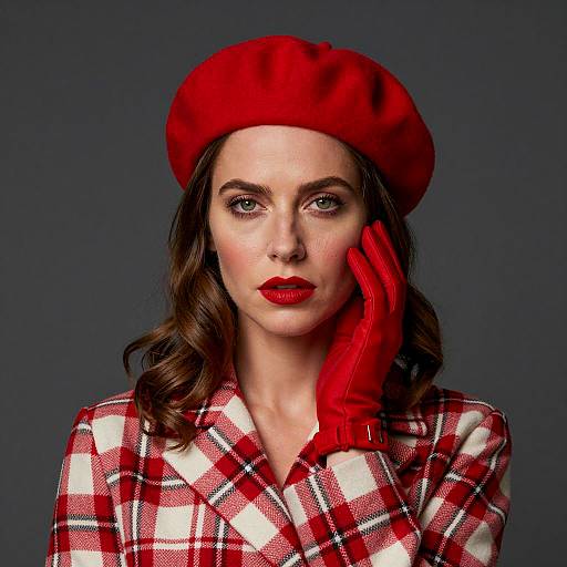 Woman in Red Beret and Plaid Coat