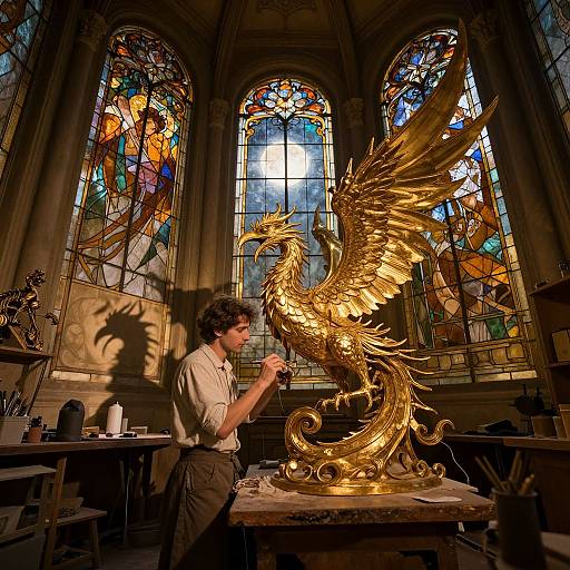 Photograph of a young man in a workshop, sculpting a golden, intricately detailed phoenix statue, with vibrant stained glass windows in the background.