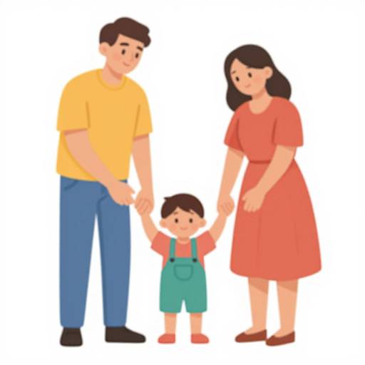 Digital illustration of a family: a tall man in a yellow shirt and blue pants, a woman in a red dress, and a small boy in green