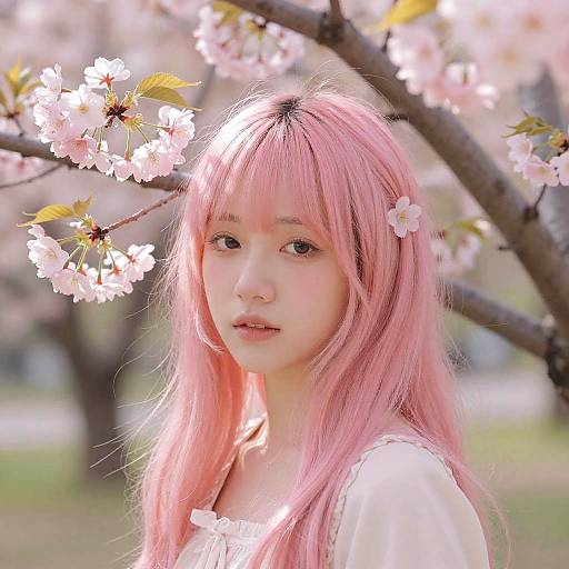 Photograph of a young Asian woman with long pink hair, wearing a white blouse, standing amidst blooming cherry blossoms, sunlight filtering through petals.
