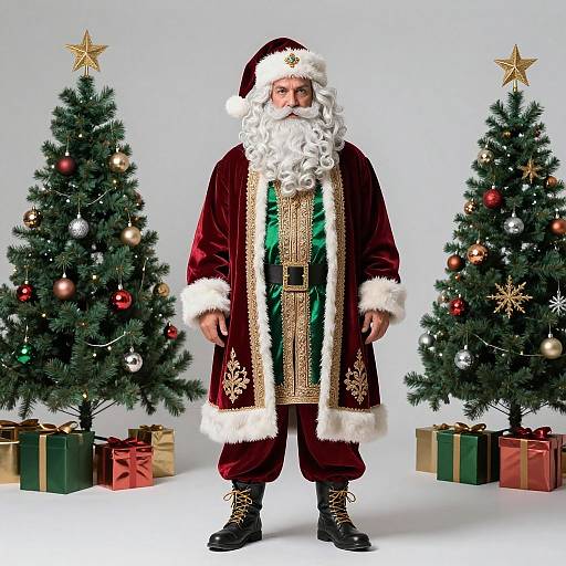 Photograph of Santa Claus in red velvet suit with white fur trim, gold embroidery, and green sash, standing between two decorated Christmas trees with gold