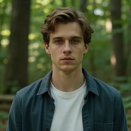 Photograph of a young Caucasian man with short brown hair, wearing a white t-shirt and dark blue button-up shirt, standing in a lush, green
