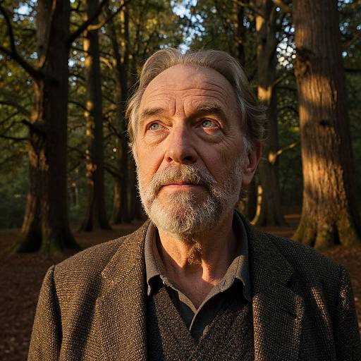 Photograph of an older man with gray beard and mustache, wearing a brown textured jacket and black shirt, standing in a sunlit forest. Warm