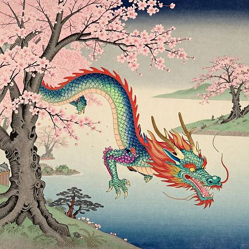 Digital illustration of a vibrant, blue-green dragon with red and orange flames, flying over a serene cherry blossom-filled lake.