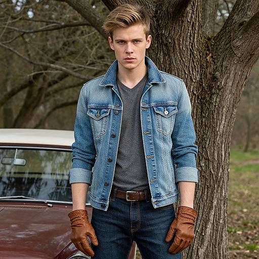 Photograph of a young Caucasian man with short, blonde hair, wearing a blue denim jacket, gray V-neck, brown gloves, and jeans, standing