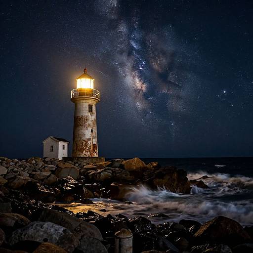 Photograph of a lit lighthouse under a starry, Milky Way-filled night sky, with rocky shoreline and small wooden building nearby.