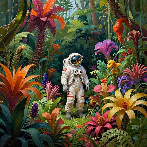 Vibrant digital illustration of a lone astronaut in a white spacesuit standing amidst a colorful, dense jungle of vivid flowers and exotic plants, with a