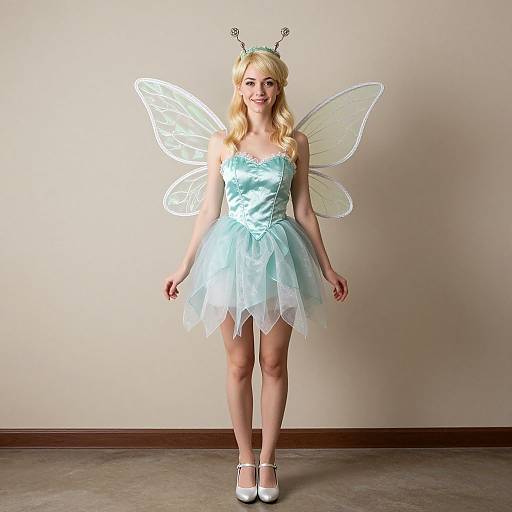 Photograph of a blonde woman in a light blue satin fairy costume with translucent wings, tiara, and white heels, standing against a beige wall.