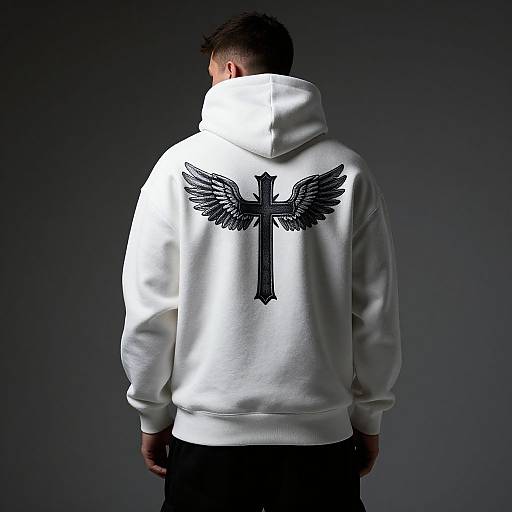 Photograph of a man with short dark hair, facing away, wearing a white hoodie with a black cross and angel wings design, against a dark gradient