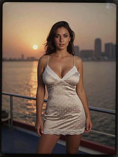 Photograph of a brunette woman with wavy hair in a white polka-dot, lace-trimmed, spaghetti-strap nightdress, standing on