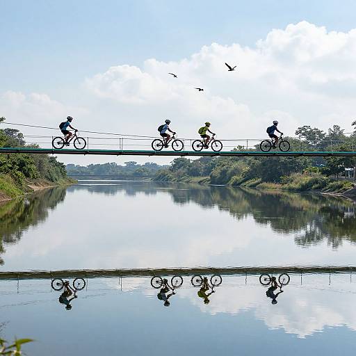 Photograph of five cyclists riding on a bridge over a calm river, reflected in the water, with a clear blue sky and birds flying above.