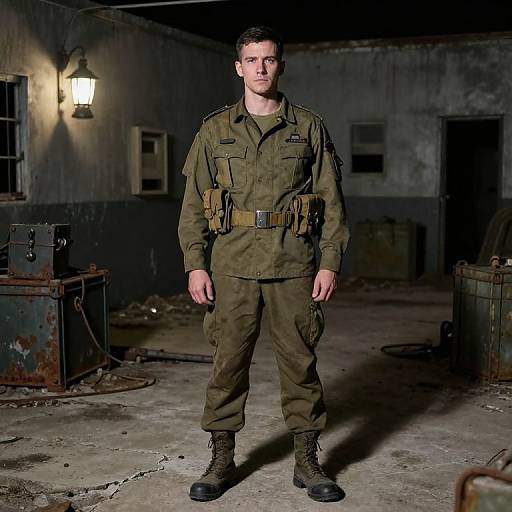 Photograph of a serious-looking male soldier in green tactical uniform with belt, standing in dimly lit, industrial, grimy room.