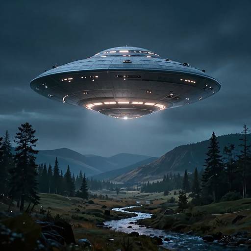 Hovering UFO Over Serene Landscape