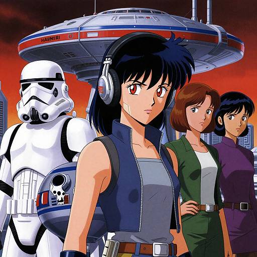 Digital anime-style illustration of three women in front of a Death Star and Stormtrooper, with a spaceship in the background.