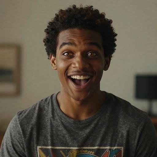 Photograph of a smiling, dark-skinned man with curly hair, wearing a gray t-shirt, in a softly lit indoor setting.