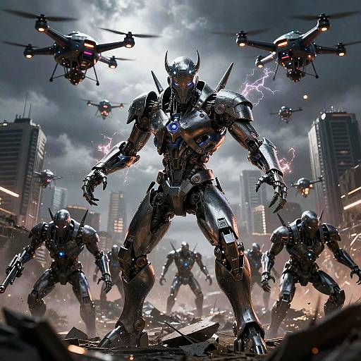 CGI image of a towering, metallic, armored robot with glowing blue eyes, surrounded by smaller robots and helicopters, amidst a cityscape with lightning and