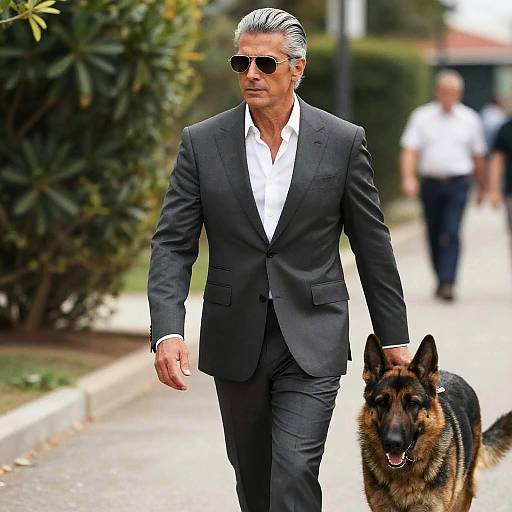 Photograph of an older man with slicked-back gray hair, wearing a dark gray suit, white shirt, and sunglasses, walking a German Shepherd on