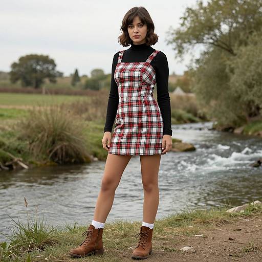 Photograph of a young woman with shoulder-length black hair, wearing a black turtleneck, red-and-white plaid dress, brown boots, and