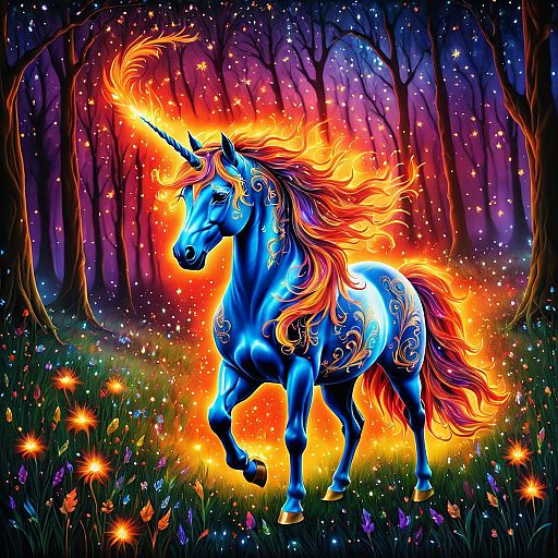 Enchanted Unicorn in Fiery Meadow Art Enchanted Unicorn in Fiery Meadow Art