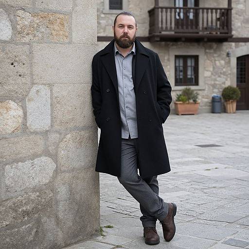 Photograph of a bearded man with a bald head, wearing a black coat, gray shirt, and dark pants, leaning against a stone wall in