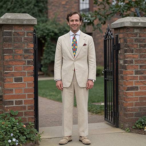 Photograph of a smiling man in a white suit, colorful tie, and beige loafers, standing in a brick garden gate.