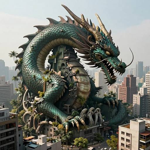 Photorealistic CGI of a giant, green, dragon-like creature with scales, horns, and sharp teeth, towering over a cityscape of skyscrap