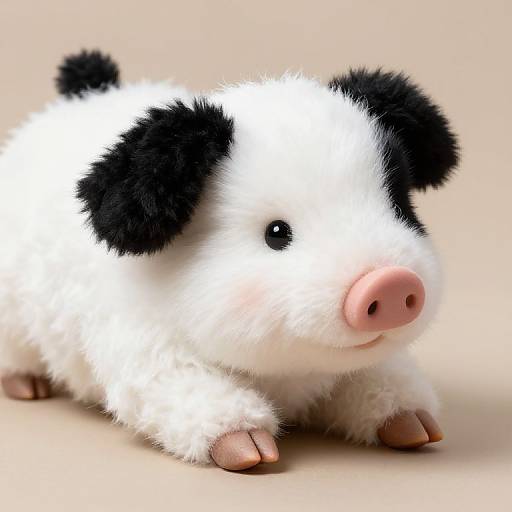 Photograph of a fluffy, white and black plush pig with a pink snout, black ears, and tiny pink feet, lying on a beige surface