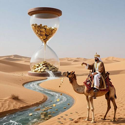Digital art: Desert scene with a man in traditional attire riding a camel beside a golden hourglass, pouring coins into a flowing river in the sandy d