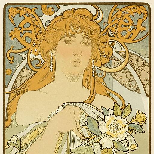 Art Nouveau-style digital drawing of a serene, fair-skinned woman with flowing orange hair, holding flowers, adorned with intricate, swirling patterns and earrings