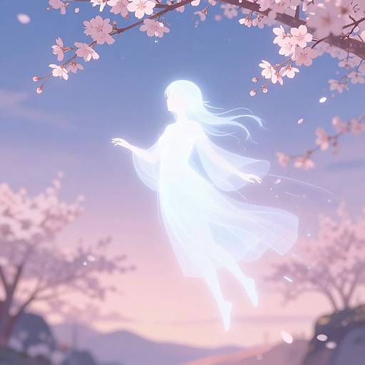 Digital art: Bright white, ethereal figure with long hair, silhouetted against pink cherry blossoms and a pastel sky, floating amidst