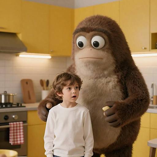 Surprised Boy and Cartoon Creature in Kitchen