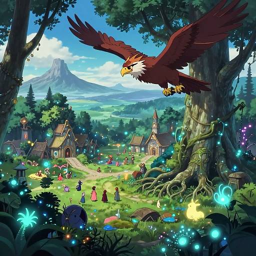 Vibrant fantasy village scene with a soaring red eagle, glowing fireflies, colorful villagers, and a mountainous background in a detailed, whimsical