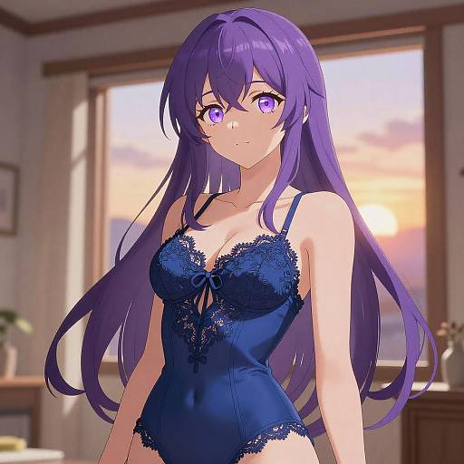 Anime Woman in Blue Lace Corset at Sunset