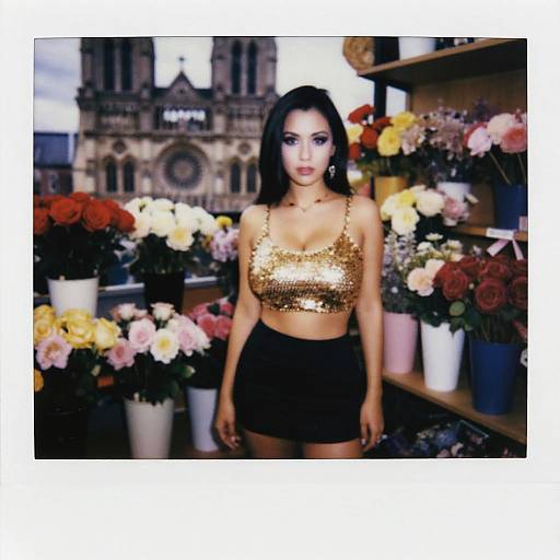 Photograph of a woman with dark hair, wearing a shimmering gold sequin crop top and black shorts, standing in a flower shop with vibrant bou