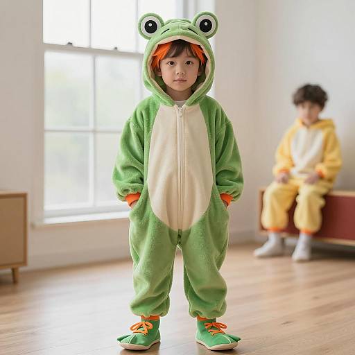 Young Boy in Green Frog Onesie Costume