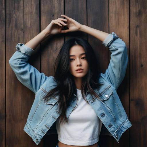 Young Woman in Denim Jacket Against Wooden Wall