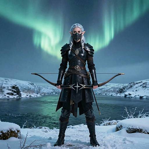 Nomadic Frost-Elf Huntress Beneath Aurora Borealis