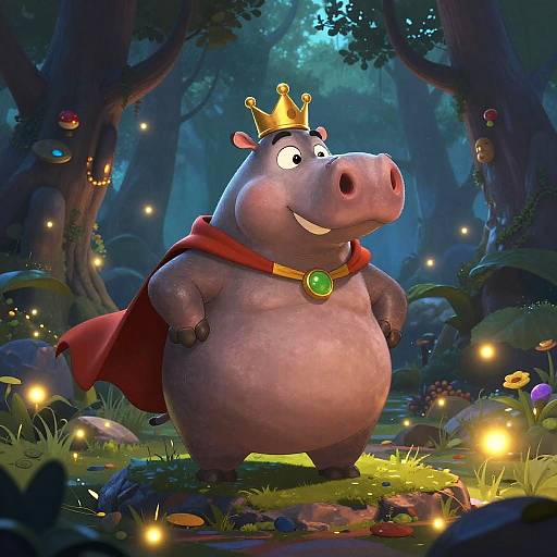 Cartoon hippo king with golden crown, red cape, and green gem necklace stands in enchanted forest illuminated by fairy lights.