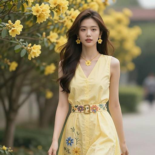 Young Woman in Yellow Floral Dress in Garden