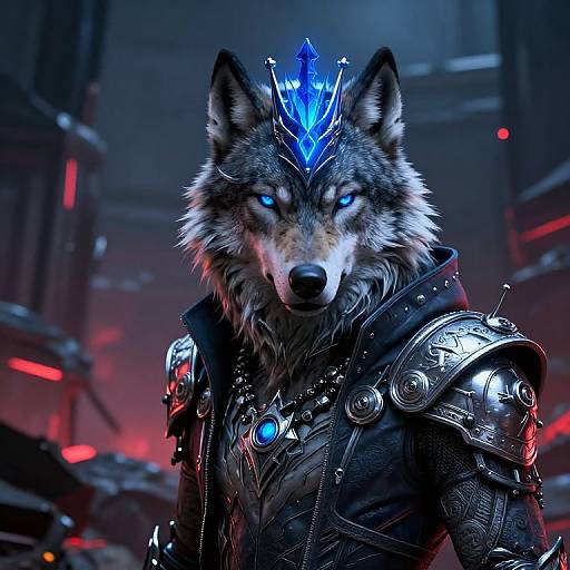 Digital artwork of a fierce, glowing-eyed wolf in futuristic, armored attire with blue crystal crown, set against a dark, red-lit industrial background.