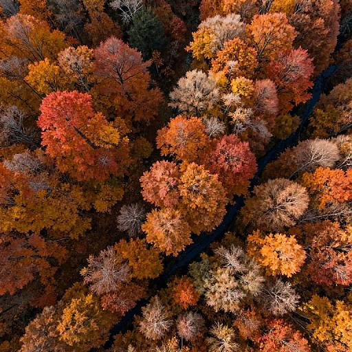 Aerial photograph of a dense forest showcasing vibrant autumn foliage in red, orange, yellow, and brown hues, creating a colorful mosaic from a top-down
