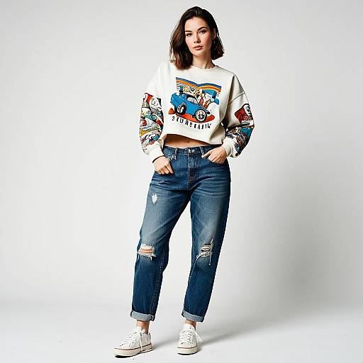 Stylish woman in graphic sweatshirt and denim jeans