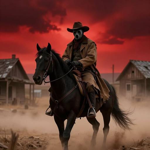 Photograph-style digital art: Silhouetted cowboy in black mask, brown coat, and wide-brimmed hat riding a black horse, against