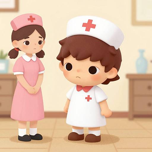 Digital cartoon of two chibi-style children: a girl in a pink nurse dress and cap, and a boy in a white nurse outfit with a red