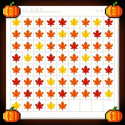 Pixel art grid of colorful autumn leaves (red, orange, yellow) arranged in a square, bordered by four small orange pumpkins.