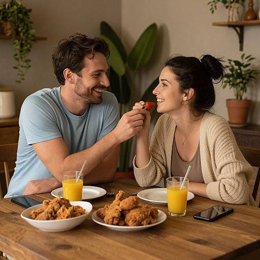 Photograph of a smiling couple sharing a strawberry, sitting at a wooden table with breakfast food and orange juice. Potted plants in the background. Casual