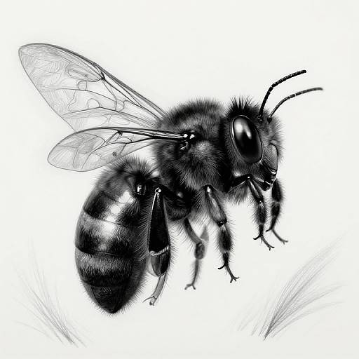 Detailed black-and-white digital drawing of a bee, showcasing intricate textures on fur, wings, and segmented body, set against a white background.