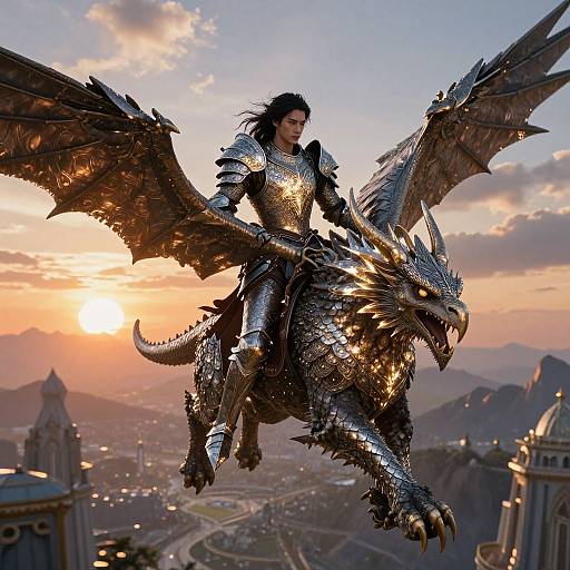 Photorealistic CGI of a dark-haired, armored warrior riding a large, silver-scaled dragon with glowing eyes, soaring above a sunset-lit,