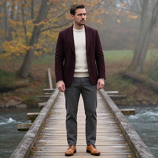 Photograph of a bearded man in a dark blazer, white sweater, gray pants, and brown shoes standing on a wooden bridge in a fog