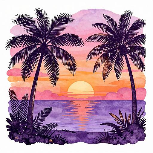 Watercolor illustration of a tropical sunset with purple palm trees, pink and orange sky, sun setting over a calm ocean.